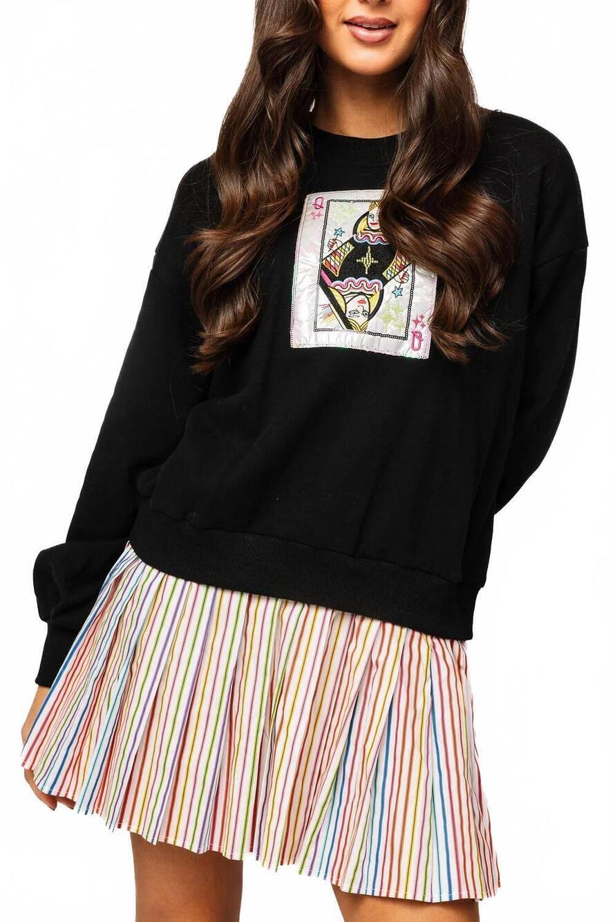 NEW QUEEN OF SPARKLES card logo sweatshirt cotton pleat dress in black multi